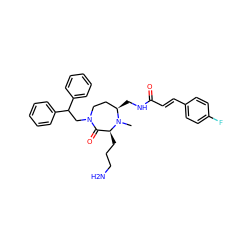 CN1[C@H](CNC(=O)/C=C/c2ccc(F)cc2)CCN(CC(c2ccccc2)c2ccccc2)C(=O)[C@@H]1CCCN ZINC000118692706