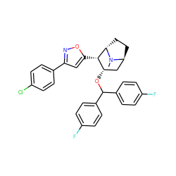 CN1[C@H]2CC[C@H]1[C@@H](c1cc(-c3ccc(Cl)cc3)no1)[C@@H](OC(c1ccc(F)cc1)c1ccc(F)cc1)C2 ZINC001772646099