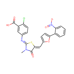 CN1C(=O)/C(=C/c2ccc(-c3ccccc3[N+](=O)[O-])o2)S/C1=N\c1ccc(Cl)c(C(=O)O)c1 ZINC000101006578