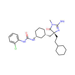 CN1C(=O)[C@@](CCC2CCCCC2)(C[C@H]2CCC[C@@H](NC(=O)Nc3ccccc3Cl)C2)N=C1N ZINC000200297675