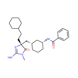 CN1C(=O)[C@@](CCC2CCCCC2)(C[C@H]2CCC[C@@H](NC(=O)c3ccccc3)C2)N=C1N ZINC000200293950