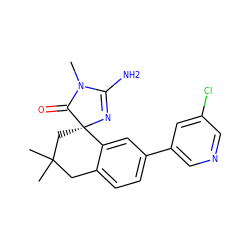 CN1C(=O)[C@@]2(CC(C)(C)Cc3ccc(-c4cncc(Cl)c4)cc32)N=C1N ZINC000095605865