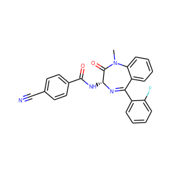 CN1C(=O)[C@@H](NC(=O)c2ccc(C#N)cc2)N=C(c2ccccc2F)c2ccccc21 ZINC000013601646