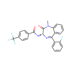 CN1C(=O)[C@@H](NC(=O)c2ccc(C(F)(F)F)cc2)N=C(c2ccccc2F)c2ccccc21 ZINC000013601690