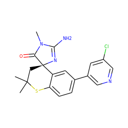 CN1C(=O)[C@]2(CC(C)(C)Sc3ccc(-c4cncc(Cl)c4)cc32)N=C1N ZINC000095601808