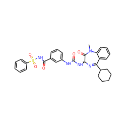 CN1C(=O)[C@H](NC(=O)Nc2cccc(C(=O)NS(=O)(=O)c3ccccc3)c2)N=C(C2CCCCC2)c2ccccc21 ZINC000003918278