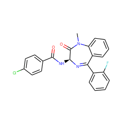 CN1C(=O)[C@H](NC(=O)c2ccc(Cl)cc2)N=C(c2ccccc2F)c2ccccc21 ZINC000013601555