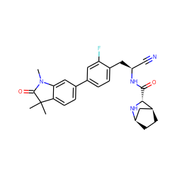 CN1C(=O)C(C)(C)c2ccc(-c3ccc(C[C@@H](C#N)NC(=O)[C@H]4N[C@@H]5CC[C@H]4C5)c(F)c3)cc21 ZINC000220833383