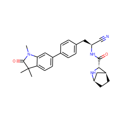 CN1C(=O)C(C)(C)c2ccc(-c3ccc(C[C@@H](C#N)NC(=O)[C@H]4N[C@@H]5CC[C@H]4C5)cc3)cc21 ZINC000221934162