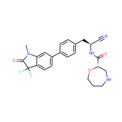 CN1C(=O)C(F)(F)c2ccc(-c3ccc(C[C@@H](C#N)NC(=O)[C@@H]4CNCCCO4)cc3)cc21 ZINC001772618958