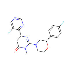 CN1C(=O)C[C@H](c2ncncc2F)N=C1N1CCO[C@@H](c2ccc(F)cc2)C1 ZINC000146170212