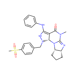 CN1C(=O)C2=C(Nc3ccccc3)NN(Cc3ccc(S(C)(=O)=O)cc3)[C@H]2N2C1=N[C@@H]1CCC[C@@H]12 ZINC000653694243