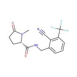 CN1C(=O)CC[C@H]1C(=O)NCc1cccc(C(F)(F)F)c1C#N ZINC000095565319