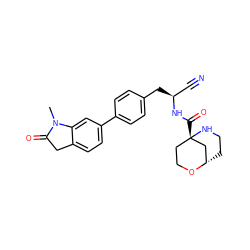 CN1C(=O)Cc2ccc(-c3ccc(C[C@@H](C#N)NC(=O)[C@@]45CCO[C@@H](CCN4)C5)cc3)cc21 ZINC000169710008