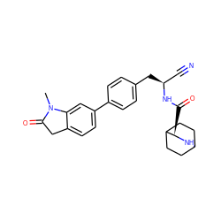 CN1C(=O)Cc2ccc(-c3ccc(C[C@@H](C#N)NC(=O)[C@H]4NC5CCC4CC5)cc3)cc21 ZINC000169709113