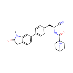 CN1C(=O)Cc2ccc(-c3ccc(C[C@@H](C#N)NC(=O)C45CCC(CC4)CN5)cc3)cc21 ZINC000169710001