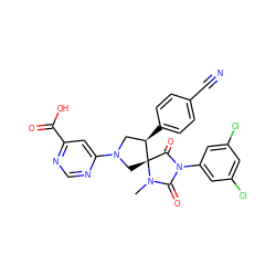 CN1C(=O)N(c2cc(Cl)cc(Cl)c2)C(=O)[C@]12CN(c1cc(C(=O)O)ncn1)C[C@H]2c1ccc(C#N)cc1 ZINC000049783814