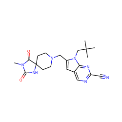 CN1C(=O)NC2(CCN(Cc3cc4cnc(C#N)nc4n3CC(C)(C)C)CC2)C1=O ZINC000028958259