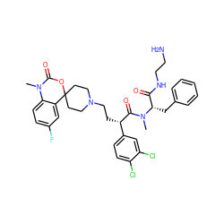 CN1C(=O)OC2(CCN(CC[C@H](C(=O)N(C)[C@@H](Cc3ccccc3)C(=O)NCCN)c3ccc(Cl)c(Cl)c3)CC2)c2cc(F)ccc21 ZINC000169330831