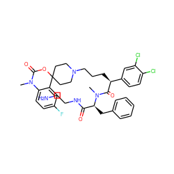 CN1C(=O)OC2(CCN(CCC[C@H](C(=O)N(C)[C@@H](Cc3ccccc3)C(=O)NCCN)c3ccc(Cl)c(Cl)c3)CC2)c2cc(F)ccc21 ZINC000169331970