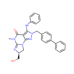 CN1C(=O)c2c(nn(Cc3ccc(-c4ccccc4)cc3)c2Nc2ccccc2)N2C[C@@H](CO)N=C12 ZINC000202737844