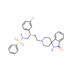 CN1C(=O)c2ccccc2C12CCN(CC[C@H](CN(C)S(=O)(=O)c1ccccc1)c1cccc(Cl)c1)CC2 ZINC000026500184