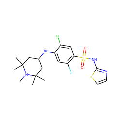 CN1C(C)(C)CC(Nc2cc(F)c(S(=O)(=O)Nc3nccs3)cc2Cl)CC1(C)C ZINC001772588719