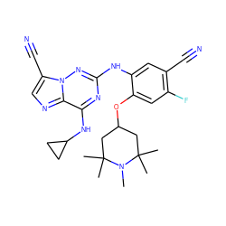 CN1C(C)(C)CC(Oc2cc(F)c(C#N)cc2Nc2nc(NC3CC3)c3ncc(C#N)n3n2)CC1(C)C ZINC000169711967