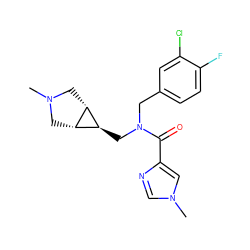 CN1C[C@H]2[C@@H](C1)[C@@H]2CN(Cc1ccc(F)c(Cl)c1)C(=O)c1cn(C)cn1 ZINC000101270900