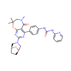 CN1CC(C)(C)Oc2nc(N3C[C@@H]4CC[C@H](C3)O4)nc(-c3ccc(NC(=O)Nc4ccccn4)cc3)c2C1=O ZINC000142191330