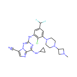 CN1CC(N2CCN(c3cc(C(F)F)cc(Nc4nc(NC5CC5)c5ncc(C#N)n5n4)c3Cl)CC2)C1 ZINC000169711934