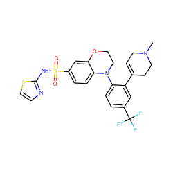 CN1CC=C(c2cc(C(F)(F)F)ccc2N2CCOc3cc(S(=O)(=O)Nc4nccs4)ccc32)CC1 ZINC000220237857