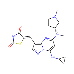 CN1CC[C@@H](N(C)c2cc(NC3CC3)n3ncc(/C=C4\SC(=O)NC4=O)c3n2)C1 ZINC000117822823