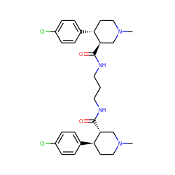 CN1CC[C@@H](c2ccc(Cl)cc2)[C@H](C(=O)NCCCNC(=O)[C@@H]2CN(C)CC[C@H]2c2ccc(Cl)cc2)C1 ZINC000029389978