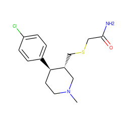 CN1CC[C@@H](c2ccc(Cl)cc2)[C@H](CSCC(N)=O)C1 ZINC000013677468
