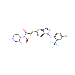 CN1CC[C@H](N2C(=O)S/C(=C\c3ccc4c(cnn4Cc4ccc(Cl)cc4C(F)(F)F)c3)C2=O)[C@H](F)C1 ZINC000116869138