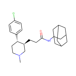 CN1CC[C@H](c2ccc(Cl)cc2)[C@@H](CCC(=O)NC23CC4CC(CC(C4)C2)C3)C1 ZINC000013579489