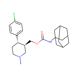 CN1CC[C@H](c2ccc(Cl)cc2)[C@@H](COC(=O)NC23CC4CC(CC(C4)C2)C3)C1 ZINC000013579463