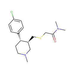 CN1CC[C@H](c2ccc(Cl)cc2)[C@@H](CSCC(=O)N(C)C)C1 ZINC000013584861