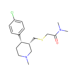 CN1CC[C@H](c2ccc(Cl)cc2)[C@H](CSCC(=O)N(C)C)C1 ZINC000013677521