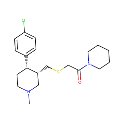 CN1CC[C@H](c2ccc(Cl)cc2)[C@H](CSCC(=O)N2CCCCC2)C1 ZINC000013677522