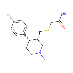 CN1CC[C@H](c2ccc(Cl)cc2)[C@H](CSCC(N)=O)C1 ZINC000013677515