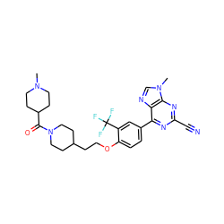 CN1CCC(C(=O)N2CCC(CCOc3ccc(-c4nc(C#N)nc5c4ncn5C)cc3C(F)(F)F)CC2)CC1 ZINC001772612489