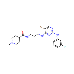 CN1CCC(C(=O)NCCCNc2nc(Nc3cccc(F)c3)ncc2Br)CC1 ZINC000095562274