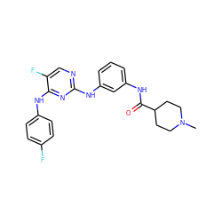 CN1CCC(C(=O)Nc2cccc(Nc3ncc(F)c(Nc4ccc(F)cc4)n3)c2)CC1 ZINC000653753145