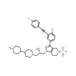 CN1CCC(C2CCN(C[C@H](O)Cn3nc(-c4ccc(Cl)c(C#Cc5ccc(Cl)cc5)c4)c4c3CCN(S(C)(=O)=O)C4)CC2)CC1 ZINC000049723073