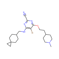 CN1CCC(CCOc2nc(C#N)nc(NCC3CCC4(CC3)CC4)c2Br)CC1 ZINC000040425128
