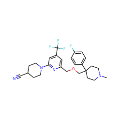 CN1CCC(COCc2cc(C(F)(F)F)cc(N3CCC(C#N)CC3)n2)(c2ccc(F)cc2)CC1 ZINC000095589503