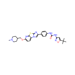 CN1CCC(COc2ccc3c(n2)sc2nc(-c4ccc(NC(=O)Nc5cc(C(C)(C)C)on5)cc4)cn23)CC1 ZINC000148911297