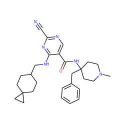 CN1CCC(Cc2ccccc2)(NC(=O)c2cnc(C#N)nc2NCC2CCC3(CC2)CC3)CC1 ZINC000035903005